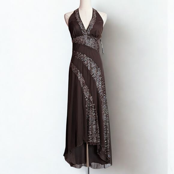 Y2K Rampage Brown Sequin Halter Maxi Dress Formal Prom Gown NWT Medium Deadstock - Picture 1 of 6